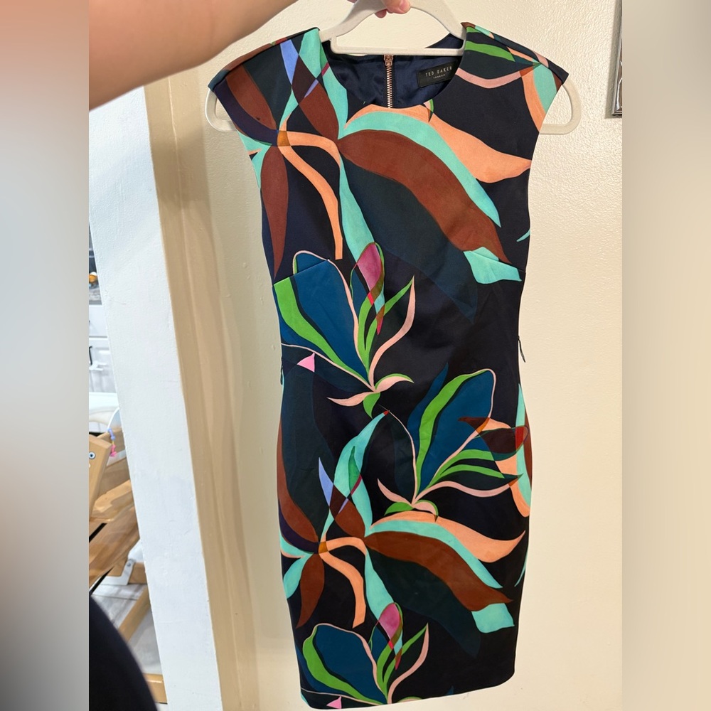 Ted Baker Black Dress with Vibrant Leaf Pattern